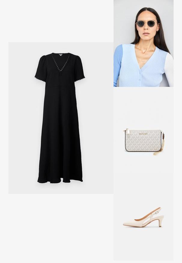 Czarna maxi sukienka z dekoltem w kształcie V i krótkimi, bufiastymi rękawami. Wykonana z teksturowanej tkaniny, z koronkowym wykończeniem wzdłuż dekoltu oraz zwiewnym krojem.; Biała szpilka slingback z ostrym noskiem, gładkim materiałem wierzchnim, niskim obcasem blokowym oraz wycięciami po bokach i regulowanym paskiem z klamrą.; Okrągłe okulary przeciwsłoneczne z ciemnymi soczewkami i złotymi ramkami. Modelka nosi jasnoniebieski kardigan w prążki z guzikami i białymi rękawami w kontrastowym kolorze.; Portfel na nadgarstek marki Michael Kors w beżowej, pokrytej płótnem, z powtarzającym się wzorem logo MK, złotym okuciem i odpinanym łańcuszkowym paskiem.