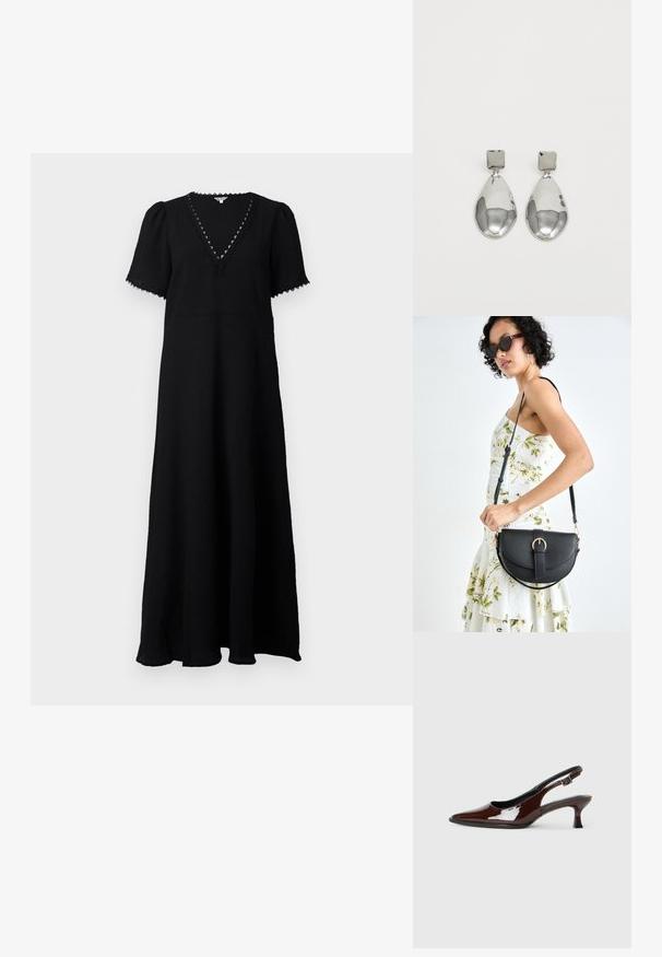 Black maxi dress with a V-neckline and short puff sleeves. Features textured fabric, lace trim along the neckline, and a flowing silhouette.; Brown patent leather slingback shoe with a pointed toe and a moderate heel. Features a buckle strap for secure fit. Smooth texture.; Black leather handbag with a curved shape, detachable strap, and gold hardware. The bag features a flap with a buckle detail.; Silver drop earrings with a square stud, featuring a smooth, polished finish and a teardrop shape, reflecting light with a glossy surface.