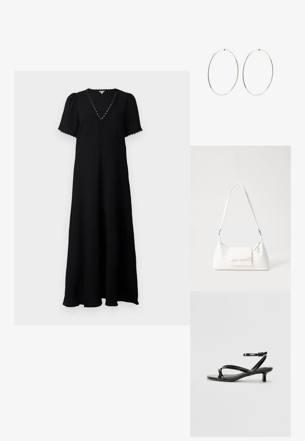 Juodas maksi suknelė su V formos iškirpte ir trumpomis pūkuotomis rankovėmis. Pasižymi tekstūruotu audiniu, nėriniu iškirptės krašte ir laisvu siluetu.; Juodas lakuotas odos sandalai su žemu kulnu, turintys kryžmines juostas ir reguliuojamą kulkšnies dirželį. Lygus, blizgus paviršius.; Balta sintetinė rankinė trikampio formos, plokščiu priekiu su užsegimu, kaspino detale, reguliuojama dirželiu, lygia tekstūra ir minimalistišku dizainu.; Sidabriniai auskarai-žiedai su lygiu, apvaliu dizainu ir blizgiu paviršiumi. Jie yra ploni ir lengvi, turintys paprastą užsegimą.