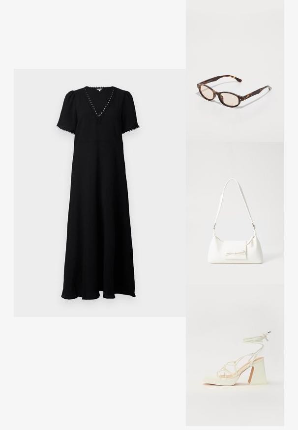 Vestido largo negro con escote en V y mangas cortas abullonadas. Presenta una tela texturada, un borde de encaje a lo largo del escote y una silueta fluida.; Sandalia de tacón alto blanca con un tacón grueso, que presenta un diseño de tiras y un lazo en el tobillo. Textura suave con una plataforma en la parte delantera para mayor altura.; Gafas de sol carey con forma redonda y lentes claros. Presentan brazos resistentes con pequeños acentos en dorado, fabricadas en material plástico.; Bolso sintético blanco con forma triangular, tapa frontal plana y detalle de lazo, correa ajustable, textura suave y diseño minimalista.