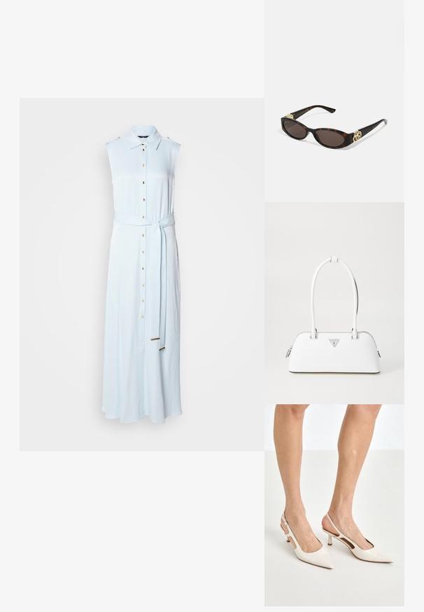 Světlé modré šaty bez rukávů s límečkem, zlatými knoflíky vpředu a ladícím opaskem se zlatými akcenty na koncích.; Béžové lakované lodičky na podpatku s špičatou špičkou a 5 cm podpatkem, se vykrojenými boky a tenkým kotníkovým páskem.; Brýle sluneční s kočičím vzorem, prodloužené oválné čočky, hnědý odstín, zlaté logo na spáncích a elegantní černé nožičky.; Bílá kožená kabelka s zakřiveným tvarem, na které se nachází stříbrné trojúhelníkové logo a zipové uzavření. Hladký povrch a dvojité uši.