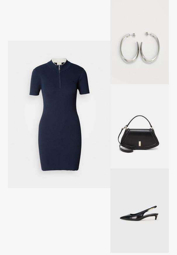 Morska obleka iz rebraste pletenine s kratkimi rokavi, visokim ovratnikom in osrednjim zadrgo. Gladka tekstura, prilagojen silhueta in subtilen logotipni detajl.; Črne usnjene sandale na peto z ostro konico, ki imajo tanko peto in zlat ton na nastavljivem traku. Gladka tekstura.; Črna usnjena torbica s strukturnim dizajnom, ki ima skrajšano obliko, zgornji ročaj in zlate dodatke. Vključena je nastavljiva ramenska naramnica.; Srebrni uhani v obliki obroča z gladkim, ukrivljenim oblikovanjem. Imajo sijajno kovinsko površino in zapiranje na žebljiček. Brez vidnih vzorcev ali dodatkov.