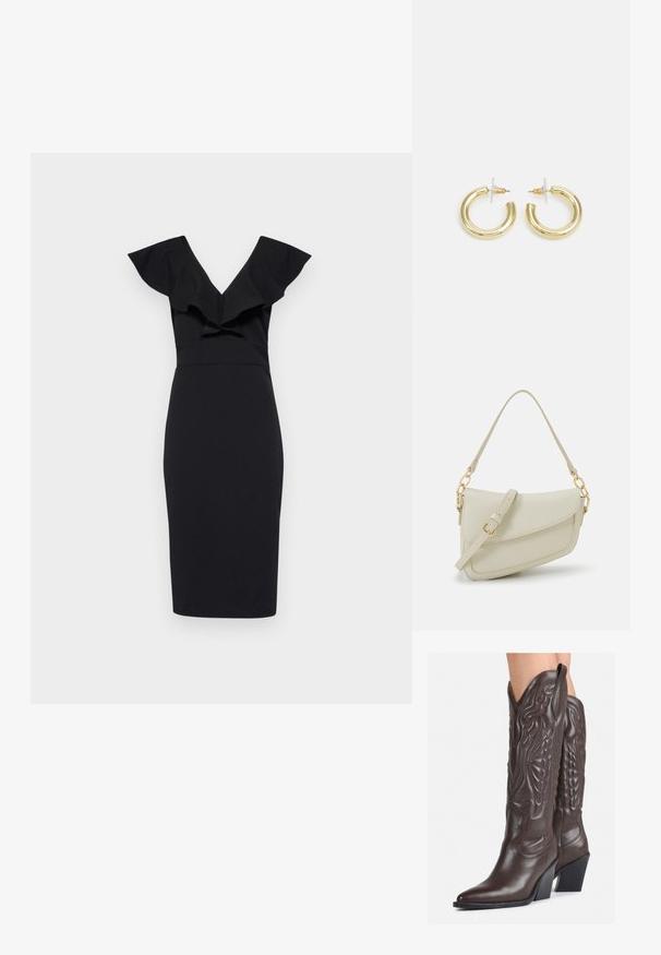 Must have musta kleit V-kaeluse ja volangigadega; sile kanga, põlvepikkune disain ja rõhutatud talje.; Pruunid nahast cowboy saapad terava varbaga ja plokk-kandaga, millel on detailne tikand ja kergelt tõstetud aktsendid varrel.; Väike kreemjas käekott tekstureeritud viimistlusega, pikendatav rihm, ketiläbimõõt ja klapiga sulgemine. Kuldsed metalldetailid.; Kuldne rõngassõrmused sileda ja läikiva viimistlusega. Ringikujuline disain, millel on väike post ja selge tagumine külg, et tagada kindel kandmine.