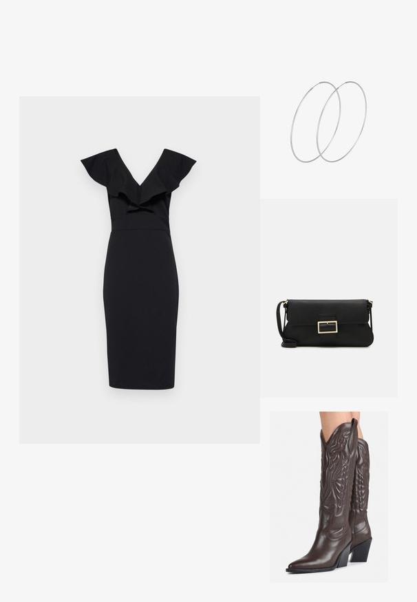 Čierne priliehavé šaty s výstrihom do V a rukávmi s volánmi; elegantná tkanina, dĺžka po kolená a zvýraznený pás.; Hnedé kožené kovbojské topánky s špicatou špičkou a blokovým podrážkou, so zložitým prešívaním a vyvýšenými akcentmi na puzdre.; Čierna kožená clutch taška s klopou a zlatým kovovým detailom s prackou. Obsahuje čierny remienok a elegantný, minimalistický dizajn.; Strieborné kruhové náušnice s minimalistickým dizajnom. Cirkulárny tvar, hladký povrch a tenký profil. Ľahké s lesklým povrchom.