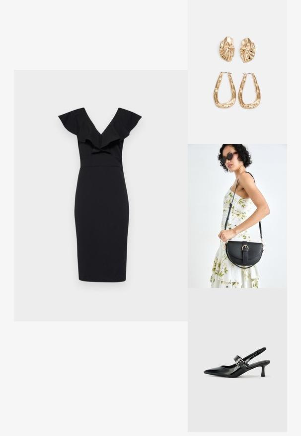 Črna prilegajoča obleka z V-izrezom in nabranimi rokavi; elegantna tkanina, dolžina do kolen in poudarjena pasna linija.; Črne patent usnjene slingback pete s koničastim nosom in majhnim blok peto, ki vključujejo srebrno zaponko na traku.; Črna usnjena torbica s ukrivljeno obliko, z odstranljivo naramnico in zlatimi dodatki. Torbica ima pokrov s podrobnostmi v obliki zaponke.; Zlato obarvani uhani z teksturiranimi, valovitimi oblikami. Vključujejo skulpturalne sponke za ušesa in odprto obliko obročka s kladivastim finišem.