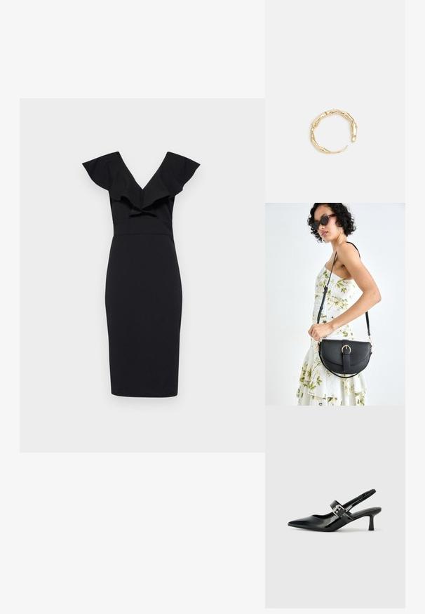 Črna prilegajoča obleka z V-izrezom in nabranimi rokavi; elegantna tkanina, dolžina do kolen in poudarjena pasna linija.; Črne patent usnjene slingback pete s koničastim nosom in majhnim blok peto, ki vključujejo srebrno zaponko na traku.; Črna usnjena torbica s ukrivljeno obliko, z odstranljivo naramnico in zlatimi dodatki. Torbica ima pokrov s podrobnostmi v obliki zaponke.; Zlati prstan s organskim, zvitim dizajnom, gladko površino in taperiranimi konci, ki ustvarja modernega, skulpturalnega videza.