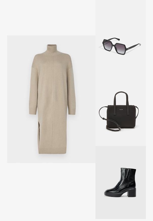 Krémové pletené šaty s vysokým límcem, dlouhými rukávy, bočními rozparky a žebrovanými manžetami. Mají rovný střih a hladkou texturu.; Černé lakované kotníkové boty s zakřivenou špičkou, elastickými bočními panely a robustním blokovým podpatkem. Na zadní straně se nachází embosované logo.; Černé hexagonální sluneční brýle se stupňovitou čočkou, s lesklým povrchem a jemným logem na spánku. Odolná plastová konstrukce.; Černá kabelka s dvojitými krátkými uchy a odnímatelným ramenním popruhem. Hladký koženkový materiál s uzávěrem na zip a detailem loga.