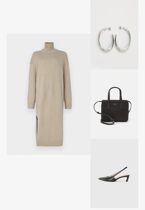 Abito lavorato a maglia beige con colletto alto, maniche lunghe, spacco laterale e polsini a costine. Presenta una vestibilità dritta e una texture liscia.; Scarpa slingback nera con punta affilata e tacco basso, realizzata in pelle liscia e con un design a taglio laterale per favorire la traspirabilità.; Borsa nera con doppi manici corti e tracolla removibile. Materiale simile alla pelle liscia con chiusura a zip e dettaglio del logo.; Orecchini a cerchio argentati con un design liscio e curvo. Presentano una finitura metallica lucida e una chiusura a perno. Nessun motivo o accentuazione visibile.