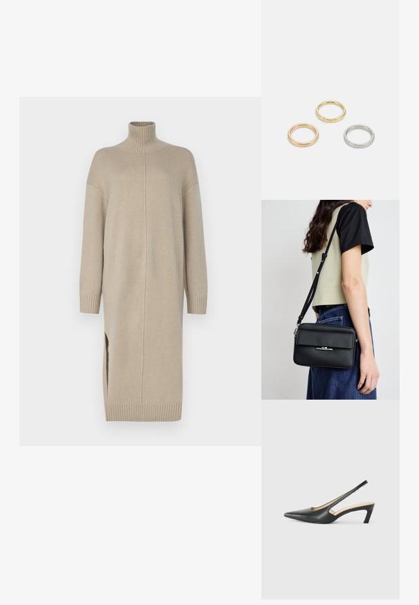 Beige gestricktes Kleid mit hohem Kragen, langen Ärmeln, seitlichen Schlitzen und gerippten Bündchen. Verfügt über einen geraden Schnitt und eine glatte Textur.; Schwarzer spitz zulaufender Slingback-Schuh mit niedrigem Absatz, der aus glattem Leder gefertigt ist und seitliche Ausschnitte für Atmungsaktivität aufweist.; Calvin Klein LINEAR CAMERA BAG - Umhängetasche - black; Drei Metallringe: einer in Roségold, einer aus Gold mit strukturierten Akzenten und einer aus Silber, alle mit graviertem Branding auf dem inneren Band.