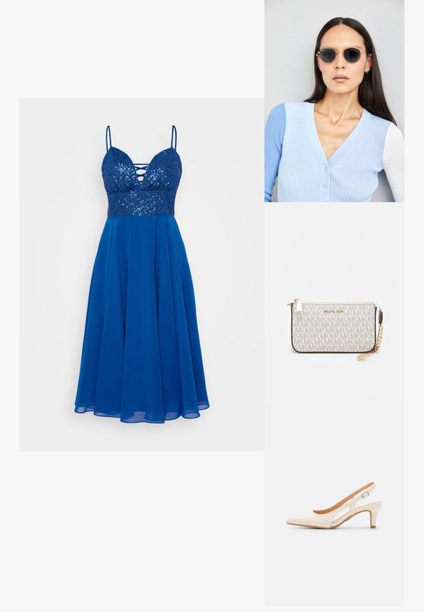 Kék ruha flitteres felsőrésszel, mély dekoltázzsal és vékony pántokkal. Légies szoknya könnyű anyagból, ami puha textúrát kölcsönöz.; Fehér slingback sarok, hegyes orral, sima felső anyaggal, alacsony blokk sarkával és oldalsó kivágott dizájnnal, állítható csatpánttal.; Kerek napszemüveg sötét lencsékkel és arany kerettel. A modellen világoskék, bordázott kardigán van gombokkal és kontrasztos fehér ujjaival.; Michael Kors bézs bevonatos vászon karkötő, amely ismétlődő MK logó mintával, aranyszínű fémrészletekkel és levehető lánchordóval rendelkezik.