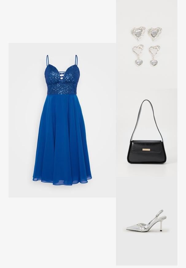 Vestido azul com corpete de paetês, decote profundo e alças finas. Saia fluida feita de material leve, proporcionando uma textura suave.; Sapato de salto alto slingback prateado com bico fino, acabamento metálico, duas correias decorativas e um salto esbelto com ponta preta.; Bolsa de couro preta com uma forma triangular estruturada, alça fina e metalização dourada, apresentando uma placa de logotipo no flap frontal.; Os brincos em forma de coração prateados apresentam pedras claras facetadas, com uma moldura texturizada. O conjunto inclui estilos de botão e de gota.