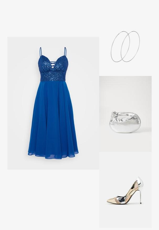 Sinine kleit sädelevast kehast, sügava dekolteega ja õhukeste rihmadega. Voogav seelik, mis on valmistatud kergetest materjalidest, andes pehme tekstuuri.; Kitsas toe kõrge kontsaga kingad, millel on hõbedane, kuldne ja nude värvilahendus. Läikiv viimistlus lõikekujundusega, stiletto konts.; Hõbedane metallikoti kott pehme, ümar kuju ja sõlme ülemise sulgemisega. Valmistatud siledast kunstnahast materjalist.; Hõbedased rõngastikkaehingad minimalistlikus disainis. Ümar kuju, sile tekstuur ja õhuke profiil. Kerged ning poleeritud viimistlusega.