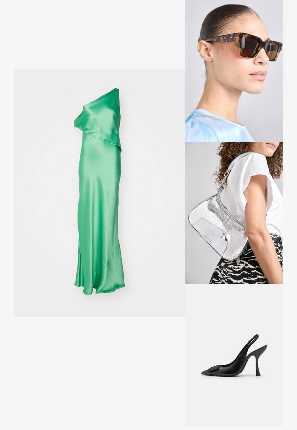 STAUD DRESS - Proginė apranga - seaweed; Juoda odinė slingback tipo avalynė su smailiu pirštu, siauru aukštu kulnu ir dekoratyvine kaspino akcentu. Lygi tekstūra ir elegantiškas dizainas.; Žirafų rašto saulės akiniai su masyviu, stačiakampiu rėmu. Tamsūs lęšiai ir auksinės spalvos akcentai ant šventyklių. Lygus, blizgus paviršius.; Sidabro spalvos metalinė peties kuprinė su lygiu paviršiumi, išlenkta forma, grandinėlės rankena ir blizgiu priekiu, kuriame subtiliai išgraviruotas logotipas.