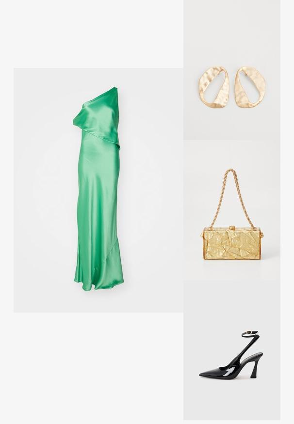 STAUD DRESS - Pidulikud riided - seaweed; Mustad läikivad patendiga slingback-kõrged kontsad, millel on terav põlv ja reguleeritav pahkluu rihm, ning mõõdukas plokknukk. Sile tekstuur läikiva viimistlusega.; Kuldne korter struktuuriga käekott, millel on ristkülikuline kuju, kettling ja ülaosas klambriga sulgur. Sile, läikiv viimistlus.; Eba paar eba ebaorditud ovaalkujulisi kuldehhe kaal setertu, kerge keersuju pinnaga valgel taustal.