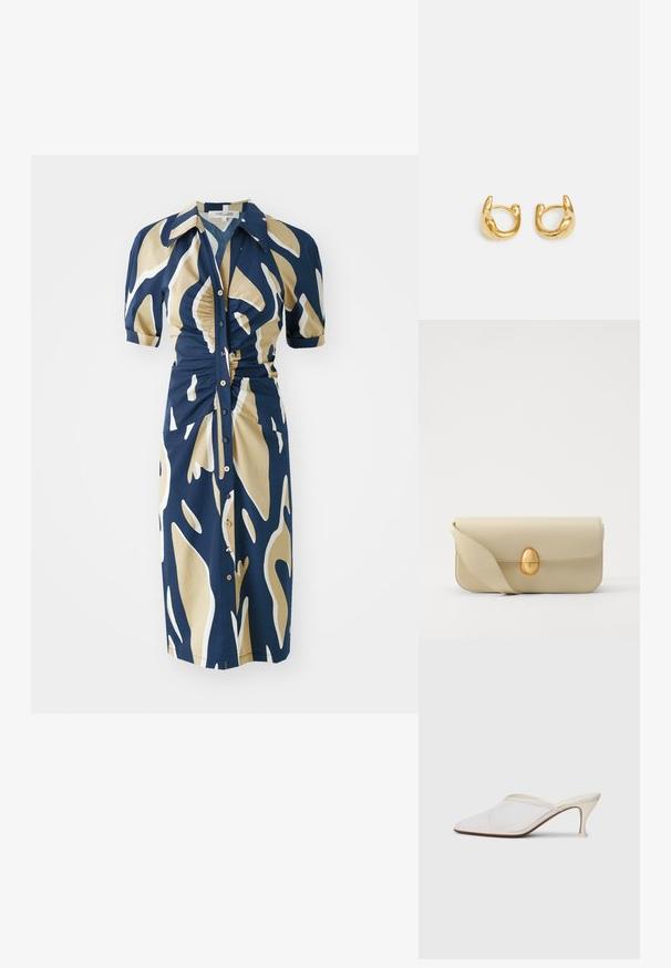 Jūras zils kleita ar bēša un baltu abstraktu rakstu, īsām puff piedurknēm, pogu priekšpusi un rūsu detaļām jostasvietā. Gluda auduma tekstūra.; Baltas austs punka purngals mūlis ar šauru vidēji augstu papēdi un uzvelkamu dizainu uz vienkārša fona.; Beige krēma ādas somiņa ar gludu tekstūru, taisnstūra formu un zelta ovālu aizdari. Aprīkota ar garu, regulējamu siksnu.; Zelta auskari ar gludu, noapaļotu dizainu un spīdīgu apdari. Auskariem ir kompakta, masīva forma un bezšuvju sprādze.