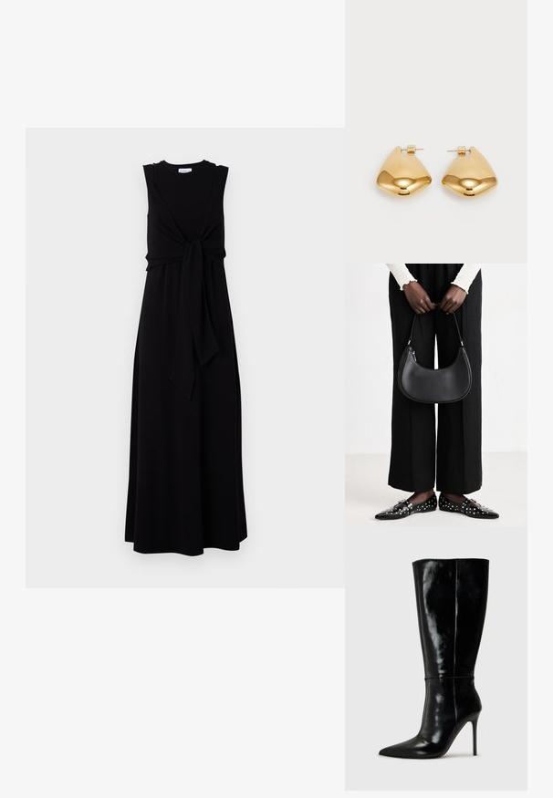Černé bezramínkové maxi šaty s uvázáním v pase, kulatým výstřihem a splývavým A-liniovým siluetou. Hladký materiál.; Černé kožené vysoké boty po kolena s špičatou špičkou a vysokým jehlovým podpatkem. Hladká textura a elegantní design, s minimálními detaily.; Černá kožená kabelka přes rameno s kulatým tvarem, lesklým povrchem a stříbrnými kovovými prvky. Osoba v černých širokých kalhotách a s ozdobenými mokasíny.; Náušnice z kovu ve zlatém tónu s hladkým, zaobleným trojúhelníkovým tvarem a designem na zadní upevnění; lesklý povrch s minimálními detaily.