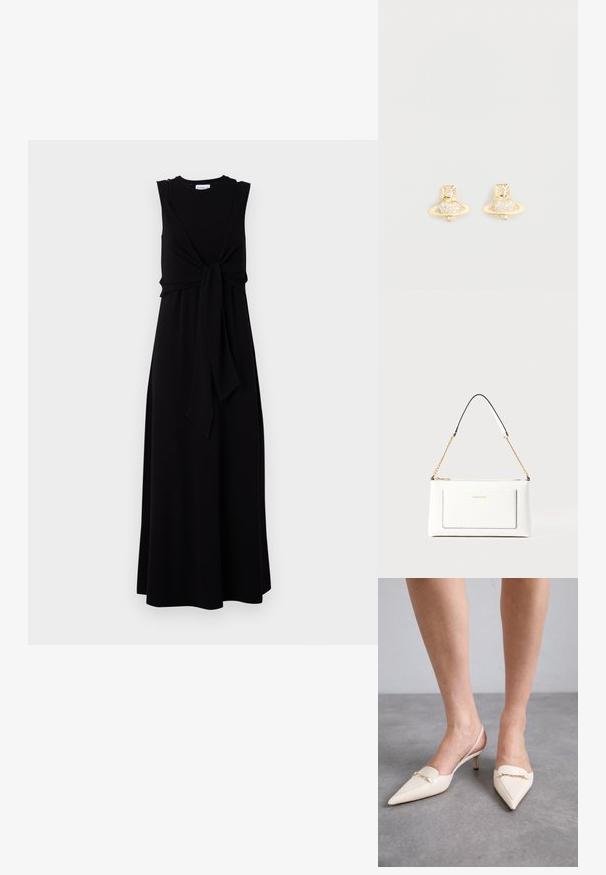 Črna brezrokavna maksi obleka z detajlom zaveza na pasu, okroglo izrezom in lahkotno A-linijo. Gladka tekstura tkanine.; Kremne barve slingback pete z ostrim nosom in ozkim srednjim peto, ki jih krasi zlat verižni naglas na vampu in gladka usnjena tekstura.; Bela usnjena torbica z teksturirano površino, ki vključuje zlat pas in črne detajle. Ima sprednji žep in zadrgo.; Zlati uhani s stožčasto obliko, ki imajo teksturiran pas in vgrajene okrogle kristale za dodatno iskrico.