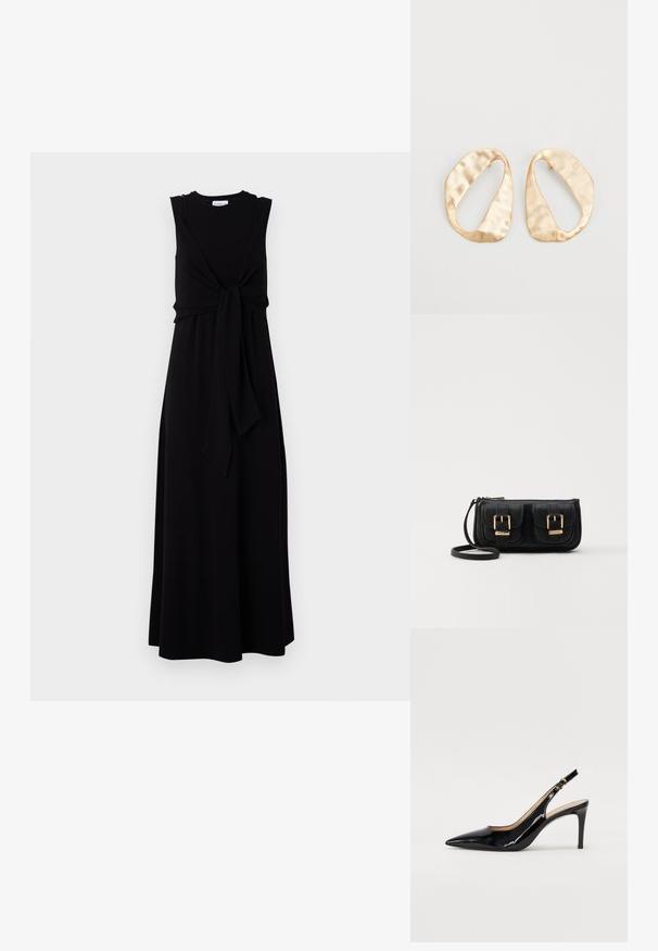 Fekete, ujjatlan, maxi ruha megkötő részlettel a deréknál, kerek nyakkivágással és lebegő A-vonalú sziluettel. Sima szövet textúra.; Fekete lakk bőr kötött magassarkú cipő, hegyes orral és karcsú sarokkal, finom kivágásos dizájnnal. Az övön arany csatt található.; Fekete bőr keresztbody táska két elülső zsebbel, arany csattokkal, cipzáras záródással és vékony pánttal. Textúrált felület és kompakt téglalap alak.; Egy pár szabálytalan, ovális formájú, aranyszínű fém fülbevaló, enyhén kalapált felülettel, fehér háttéren.