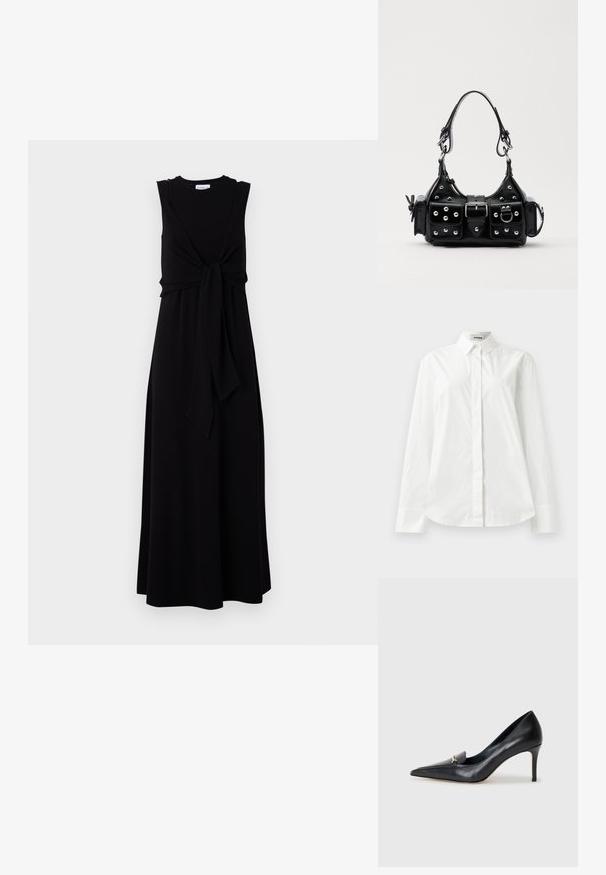 Čierna maxi šaty bez rukávov s viazaním v oblasti pása, okrúhlym výstrihom a voľným A-čkovým siluetom. Hladká textúra látky.; Biela bavlnená košeľa s dlhým rukávom, s špicatým golierom, zapínaním na gombíky a zakulateným lemom. Hladká textura, bežný strih a bez vzorov.; Čierne kožené lodičky s špicatou špičkou, nízkym vampom a dekoratívnym zlatým akcentom. Majú podpätok typu stiletto a hladký povrch.; Čierna kožená kabelka s zakriveným dizajnom, doplnená striebornými cvočkami, prackou a dvoma bočnými vreckami. Nastaviteľný popruh poskytuje rôzne možnosti nosenia.