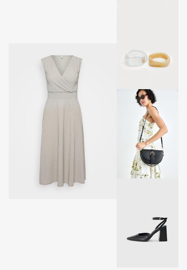 Rukávový oblečení v světle šedé látce s texturovaným vzorem, těsně přiléhající pas a volánková sukně, která sahá do poloviny lýtek.; Černé kožené lodičky se špičatou špičkou, kotníkovým páskem a silným podpatkem. Hladká textura, elegantní design a minimalistická estetika.; Černá kožená kabelka s křivkovým tvarem, odnímatelným popruhem a zlatými detaily. Kabelka má klopu s přezkou.; Průhledné a jantarové prsteny z pryskyřice, jeden hladký a transparentní, druhý s texturovaným jantarovým povrchem. Oba mají zaoblené, robustní tvary.