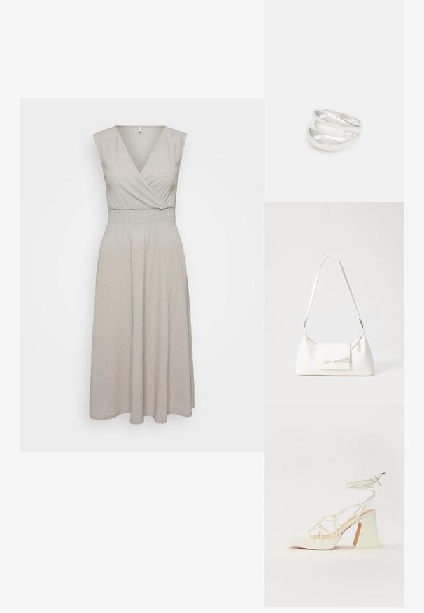 Hihaton kietaisumeko vaaleanharmaasta kankaasta, jossa on teksturoitu kuvio, vyötärö on istuva ja helma laskeutuu polven puoliväliin.; Valkoinen korkokenkä, jossa on paksu korko, ja joka sisältää nauhakiinnityksen ja nilkkaketjun. Sujuva pinta, jossa on platform-etupohja lisäkorkeutta varten.; Valkoinen synteettinen käsilaukku, jossa on kolmikulmainen muoto, tasainen etu läppä ja nauhadetail, säädettävä olkahihna, sileä rakenne ja minimalinen muotoilu.; Hopeinen kaksinkertainen rengas, jossa on sileä, kiillotettu pinta. Siinä on sulava, kaareva muotoilu, jossa on päällekkäisiä osia modernin ilmeen saavuttamiseksi.