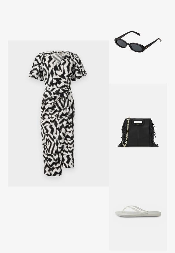 Juodai baltas raštuotas supamas suknelė su trumpomis rankovėmis, v formos iškirpte ir šoniniu mazgu, pagaminta iš lengvo audinio.; Balti šlepetės su tekstūruota padu, turinčios plonas juosteles ir plokščią konstrukciją. Pagamintos iš gumos, su subtiliu logotipu ant pado.; Juodos didelės saulės akinių su ovaliais objektyvais, lygia plastiko rėmeliu ir aukso akcentais ant šventyklos. Tamsūs objektyvai suteikia apsaugą nuo saulės.; Juodas odinis rankų darbo rankinys su frinzuotomis detalėmis, auksine grandinės petneša ir išpjauto dizaino rankena. Pirmoje pusėje yra logotipo vieta.