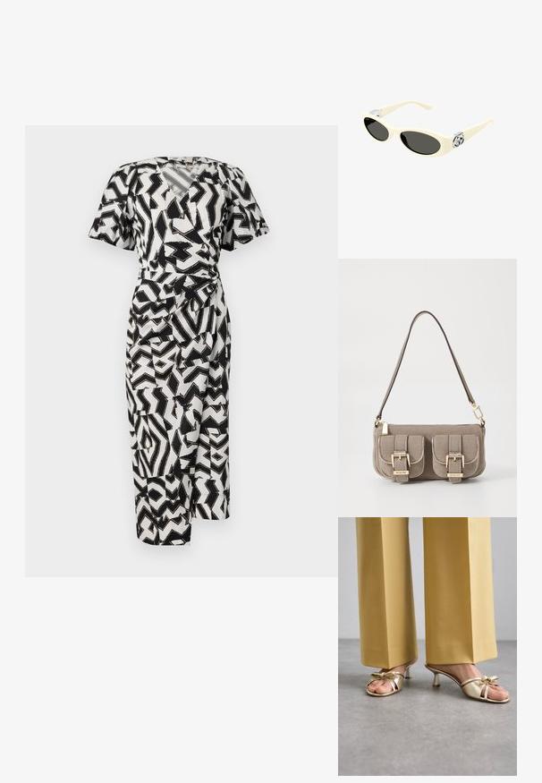 Fekete-fehér mintás, szűkített fazonú ruha rövid ujjakkal, V-kivágással és oldalra kötött részlettel, könnyű anyagból készült.; Stuart Weitzman FELICITY BOW SLIDE - Magas sarkú papucsszandálok - platino; Krém színű napszemüveg ovális lencsékkel, fekete árnyalattal és fémszínezésű logóval a templomoknál. Sima textúra, macskaszem forma.; Beige textúrájú kézitáska állítható pánttal, két elülső zsebbel, amelyek csattal záródnak, és arany színű kiegészítőkkel. A tetején cipzáros záródás.