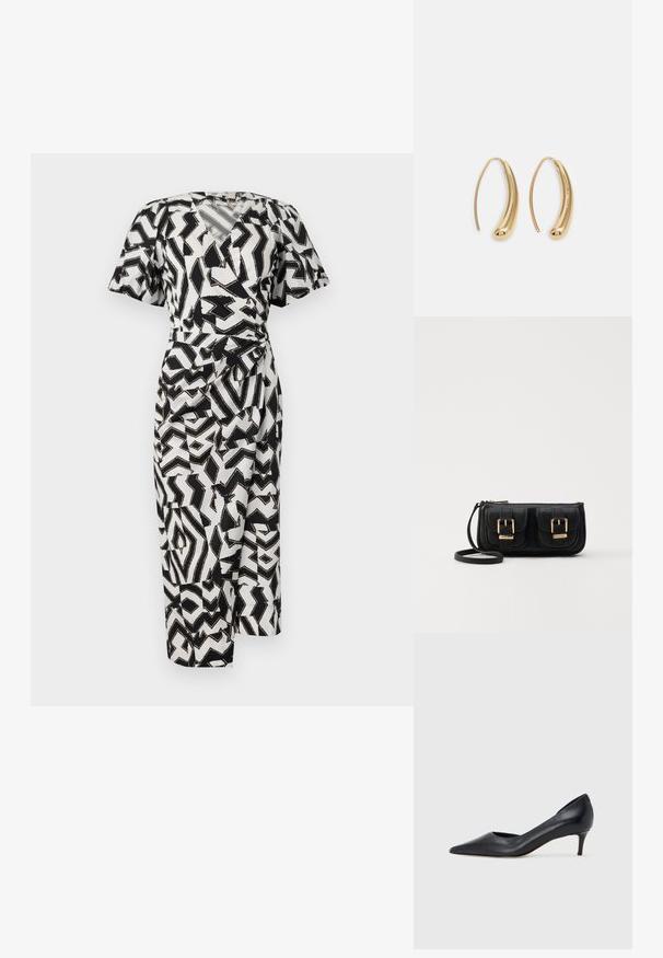 Vestido envolvente de estampado en blanco y negro con mangas cortas, escote en V y un detalle de nudo lateral, hecho de una tela ligera.; Zapato de tacón bajo de cuero negro con punta puntiaguda. Presenta una textura lisa y un brillo sutil. Corte abierto en la parte frontal para un detalle adicional.; Bolso cruzado de cuero negro con dos bolsillos frontales, hebillas doradas, cierre de cremallera y una correa delgada. Superficie texturizada y forma rectangular compacta.; Pendientes de aro de metal en tono dorado con una forma curva y alargada. Presentan una superficie lisa y brillante y una punta redondeada para mayor detalle.