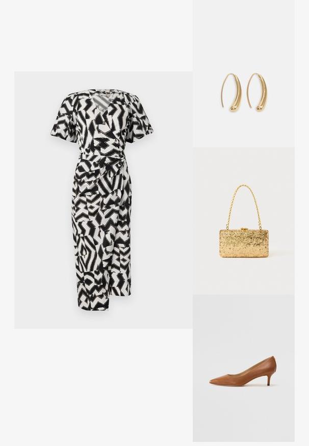 Fekete-fehér mintás, szűkített fazonú ruha rövid ujjakkal, V-kivágással és oldalra kötött részlettel, könnyű anyagból készült.; Lauren Ralph Lauren ADRIENNE - Klasszikus sarkú cipők - deep saddle tan; Arany flitteres clutch táska, téglalap alakú, csavart lánckarabinerekkel és fém záródással, mely fényt tükröz a textúrált felületének köszönhetően.; Aranyszínű fémből készült karika fülbevalók ívelt, hosszúkás formával. Simaságával és fényes felületével, valamint lekerekített végével további részletekkel bővül.