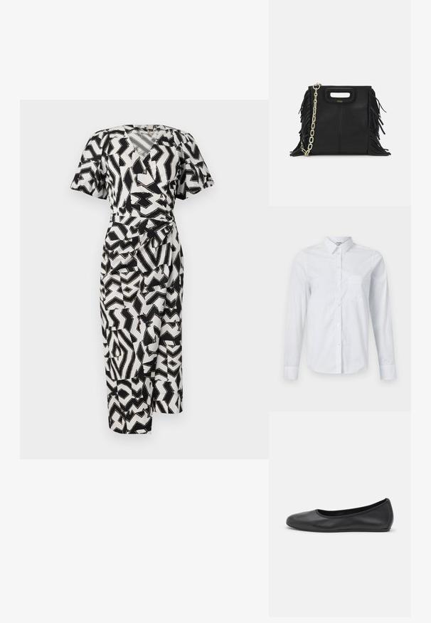 Fekete-fehér mintás, szűkített fazonú ruha rövid ujjakkal, V-kivágással és oldalra kötött részlettel, könnyű anyagból készült.; Fehér, hosszú ujjú ing, amely pamutból készült. Gombos elülső rész, hegyes gallér és egy mellzseb a bal oldalon.; Fekete bőr balettcipő lekerekített orral, sima tekstúrával, minimális varrással és rugalmas talp kialakítással.; Fekete bőr kézitáska, frufrus részletekkel, arany láncos vállpánttal és kivágott fogantyúval. Az elülső részen logó található.