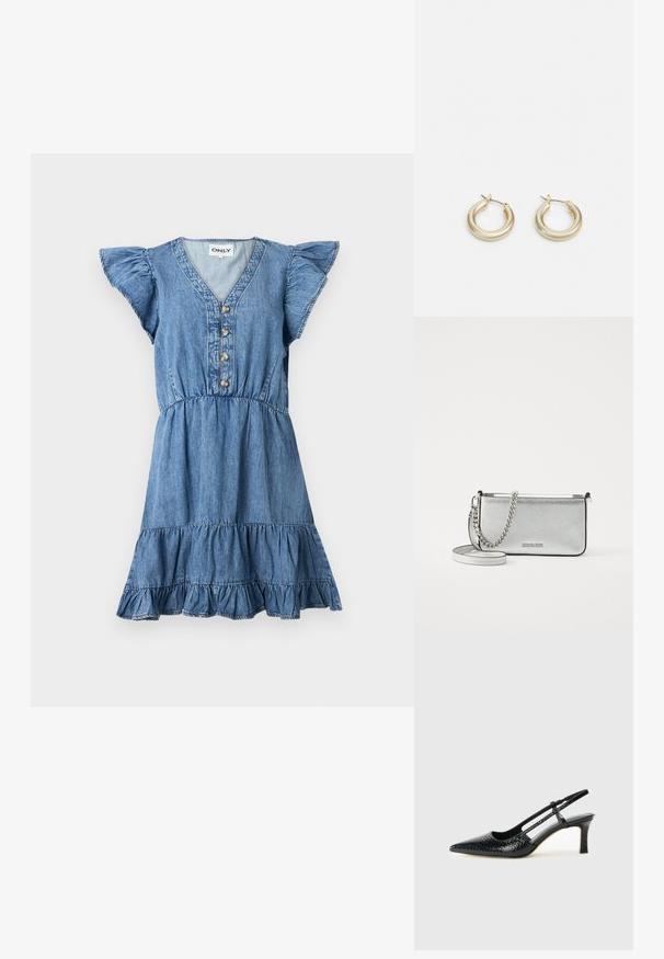 Vestido de ganga com mangas curtas em babados, decote em V e cinco botões frontais. Apresenta uma saia em camadas e uma cintura franzida para um ajuste descontraído.; Salto slingback em patente preta com bico apontado, apresentando um padrão de pele de cobra texturizado, tira ajustável e um salto bloco curto e texturizado.; Bolsa crossbody de couro prateada com um acabamento texturizado, detalhes em corrente e alça, e fecho de zíper. Apresenta um logotipo na parte da frente.; Lauren Ralph Lauren BASIC SMALL HOOP - Brincos - gold-coloured