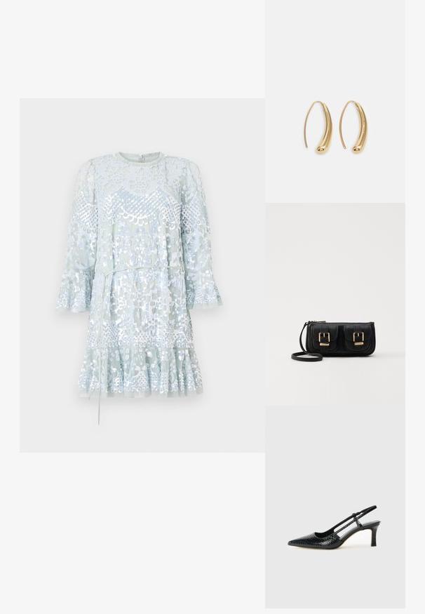 Šviesiai mėlyna, blizgučiais dekoruota suknelė su plečiamosiomis rankovėmis ir susiraukšlėtu apvadu. Yra sudėtingų raštų ir apvalios iškirptės, su uždarymu nugaros pusėje.; Juodai lakuoti slingback aukštakulniai su smailiu nosiu, su tekstūruotu gyvatės raštu, reguliuojama juosta ir trumpu, tekstūruotu blokiniu kulnu.; Juodas odinis per petį nešiojamas krepšys su dviem priekiniais kišenėmis, auksiniais sagtimis, užtrauktuko uždarymu ir siauromis petnešomis. Textūruota paviršius ir kompaktiškas stačiakampis formatas.; Auksinės metalinės auskarų kabės su lenktą, pailgą forma. Turi lygų, blizgantį paviršių ir užapvalintą galiuką papildomam akcentui.