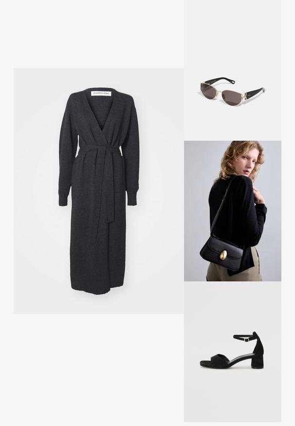 Robe longue charbon réalisée en tissu doux, dotée d'un décolleté en V profond, de manches longues et d'une ceinture à nouer à la taille pour un ajustement sûr.; Sandales à talons en daim noir avec une fine lanière à la cheville, design à bout ouvert et un talon carré modeste. Texture lisse et accents minimalistes.; Lunettes de soleil noires et dorées avec une monture étroite et ovale, verres sombres et matériel décoratif au niveau des branches. Design léger et élégant.; Sac à main en cuir noir avec une forme arrondie, doté d'un fermoir ovale doré proéminent, d'une sangle réglable et d'un design minimaliste.