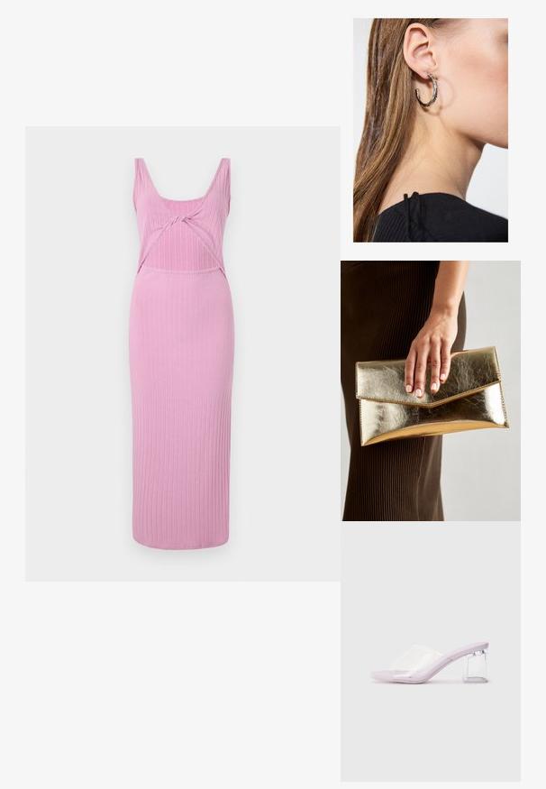 Pink ribbed midi dress with a scoop neckline, featuring a twisted front detail and form-fitting silhouette. Smooth, stretchy fabric.; Lilac heeled mules with a clear plastic upper and a transparent block heel. Smooth texture, open toe design, minimalistic shape.; Gold metallic clutch bag with a smooth texture, featuring a triangular flap closure. The hand holding it has neatly manicured nails.; Silver hoop earring with a polished finish, featuring small gold accent details and a round shape, worn on the lobe.