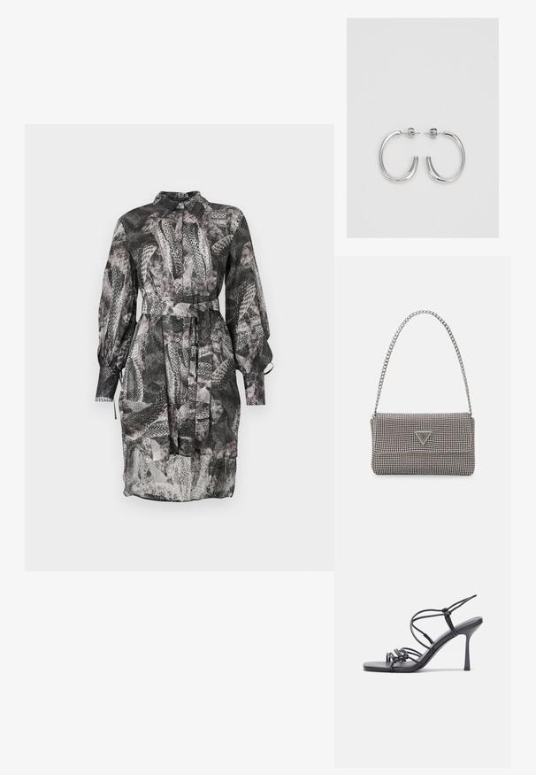 Rochie cu model alb-negru, cu decolteu la guler, mâneci lungi, închidere cu nasturi, și o curea legată în talie. Material transparent.; Sandale negre cu toc înalt au curele subțiri cu un design legat, un vârf pătrat neted și un toc stiletto elegant.; Geantă metalică gri deschis, cu un strap din lanț, decorată cu mici ținte circulare metalice și un logo de marcă triangular.; Cercei rotunzi din argint cu un finisaj neted și strălucitor. Design ușor, având o formă rotundă și închidere cu tijă.