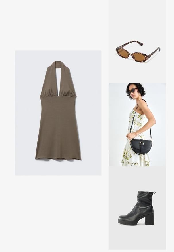 Robe à col halter en vert olive, confectionnée dans un tissu doux et extensible. Elle présente une taille froncée et une jupe évasée, avec une texture lisse.; Bottes noires à la cheville en cuir lisse, dotées d'une fermeture éclair sur le côté, d'un talon épais texturé et d'une conception à bout rond.; Lunettes de soleil en écaille de tortue avec des verres ovales, teintés de marron, branches fines avec un motif texturé, monture en plastique légère.; Sac à main en cuir noir avec une forme courbée, bandoulière amovible et des accessoires en or. Le sac est doté d'un rabat avec un détail de boucle.