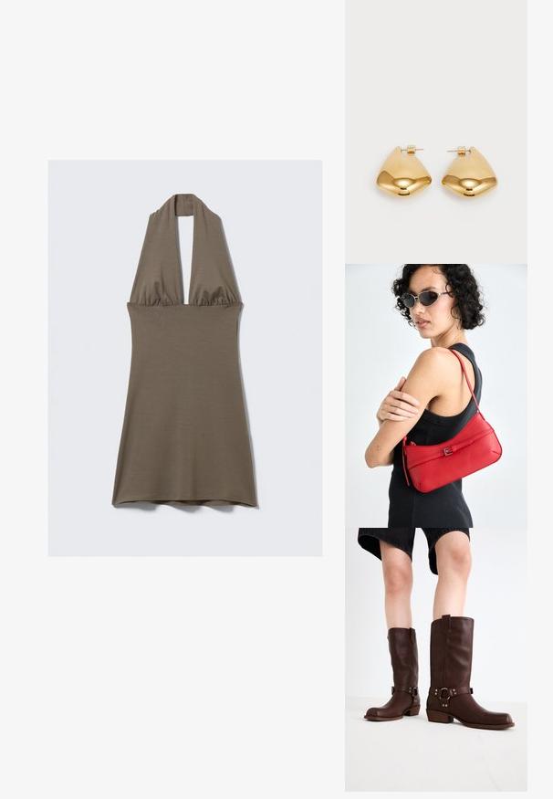Robe à col halter en vert olive, confectionnée dans un tissu doux et extensible. Elle présente une taille froncée et une jupe évasée, avec une texture lisse.; Bottes en cuir marron jusqu'au genou avec un bout arrondi, une surface texturée, une sangle au niveau de la cheville et des détails en métal argenté ; talon empilé.; Sac à épaule en cuir rouge avec une texture lisse, un design courbé et un accent de boucle décorative. Bandoulière ajustable et fermeture à glissière.; Boucles d'oreilles en métal doré avec une forme triangulaire lisse et arrondie et un design à attache de tige ; surface réfléchissante avec un minimum de détails.