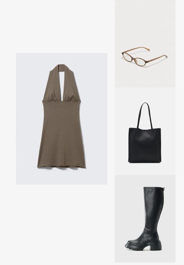 Abito con allacciatura al collo in verde oliva, realizzato in materiale morbido ed elasticizzato. Presenta una vita arricciata e una gonna svasata, con una texture liscia.; Stivale lungo in pelle nera con suola piatta robusta e tacco a blocco, dotato di linguetta e battistrada testurizzato sulla suola.; Occhiali tortoiseshell marroni con lenti ovali, aste sottili e dettagli trasparenti. Presentano un logo sottile sulla tempia. Design elegante e leggero.; Borsa tote in pelle nera con texture liscia, forma rettangolare e due manici lunghi. Nessun hardware o decorazione visibile.