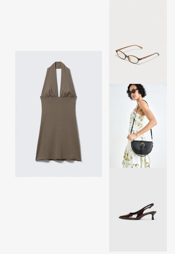 Halter vrh obleka v olivno zeleni barvi, izdelana iz mehkega, raztegljivega materiala. Ima zbrano pasu in razširjeno krilo z gladko teksturo.; Rjavi lakirani slingback čevelj z ostro konico in zmerno peto. Ima zaponko za varno prileganje. Gladka tekstura.; Rjavo želvovina očala z ovalnimi lečami, tankimi ročaji in prosojnimi detajli. Imajo subtilen logo na templetu. Eleganten, lahek dizajn.; Črna usnjena torbica s ukrivljeno obliko, z odstranljivo naramnico in zlatimi dodatki. Torbica ima pokrov s podrobnostmi v obliki zaponke.