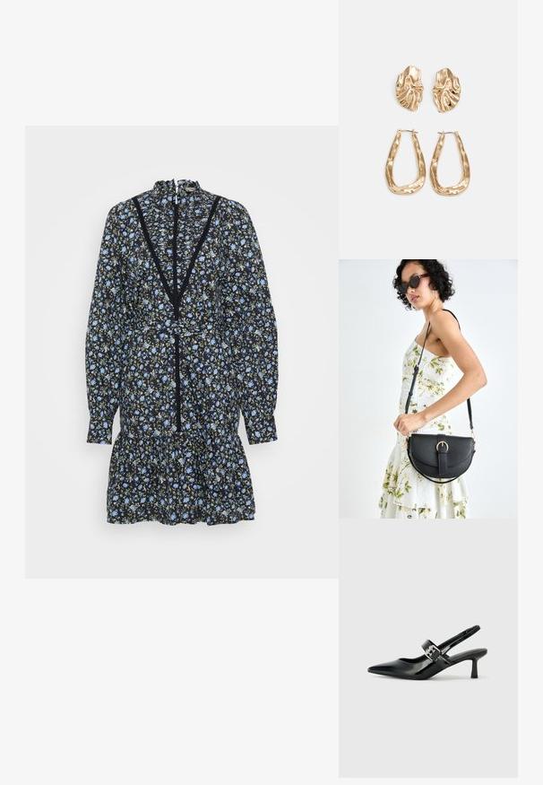 Mustard mustikka lilledega kleit pikkade varrukatega, volangäär ja kõrge kaelus. Omab sinise õie ja rohelisi aksente, kaeluses on pitsdetailid.; Mustad patenteeritud nahast sildiga kontsad, millel on terav nina ja väike plokk-konts, mille rihmal on hõbedane pandla aksessuaar.; Mustmust mustraha kõverate joontega, eemaldatava rihmaga ja kuldsete detailidega. Kotil on klapp, millel on pandladetail.; Kuldse värvi kõrvarõngad, mis on kaunistatud tekstuursete ja laineliste kujunditega. Komplektis on skulpturaalsed klamber kõrvarõngad ja avatud rõngasdisain, millel on lõhestatud viimistlus.