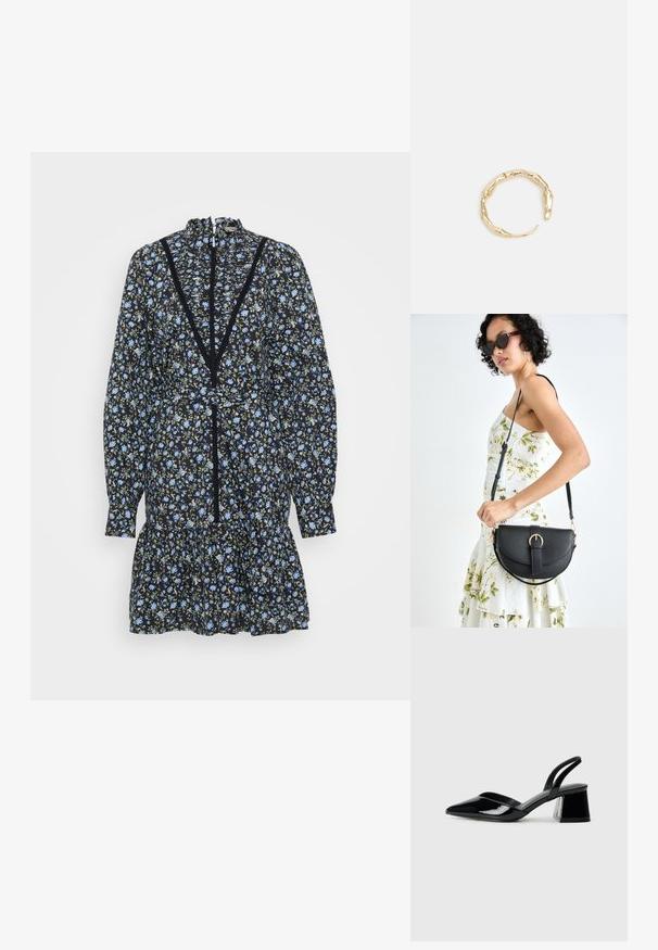 Juoda gėlių suknelė su ilgomis rankovėmis, volanginiu apačiu ir aukštu kaklu. Yra mėlynų gėlių ir žalių akcentų, o prie kaklo papuošta nėriniais.; Juodos lakuotos odinės šlepetės su smailiu pirštu ir geometriniu bloko kulnu. Turi elegantišką, minimalistinį dizainą ir lygų paviršių.; Juodas odinis krepšys su išlenkta forma, nuimamu dirželiu ir auksiniais detalėmis. Krepšys turi kilpą su sagtimi.; Auksinės spalvos žiedas, turintis organišką, sukimosi dizainą su lygiu paviršiumi ir siaurėjančiais galais, sukuriantis modernią skulptūrinę išvaizdą.