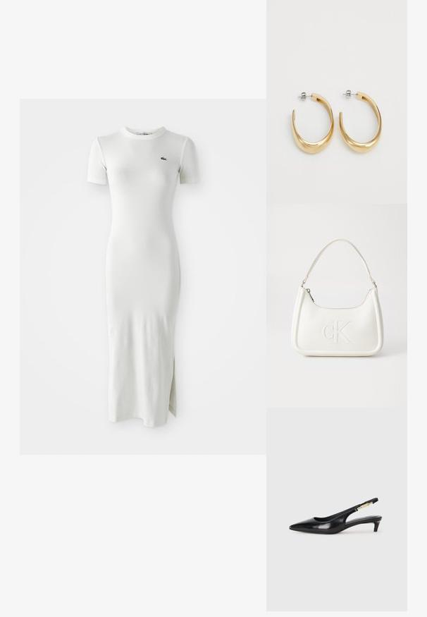 Balta raukšlėta midi suknelė su trumpomis rankovėmis, apvaliu kaklu ir šonine skeltuva. Ant krūtinės yra mažas žalias logotipas. Lygus, prigludęs audinys.; Juodas odinis pavasario batelių modelis su smailiu nosiu, turintis siaurą kulniuką ir auksinės spalvos akcentu reguliuojamoje juostoje. Lygi tekstūra.; Balta odinė rankinė su išlenkta forma, su reljefiniu "CK" logotipu priekyje ir viena petneša. Užtrauktuko uždarymas viršuje.; Auksinės spalvos apyrankės auskarai su glotnia, kreiva forma. Pagaminti iš metalo, turintys elegantišką apdailą ir užsegimą su smeigėle.