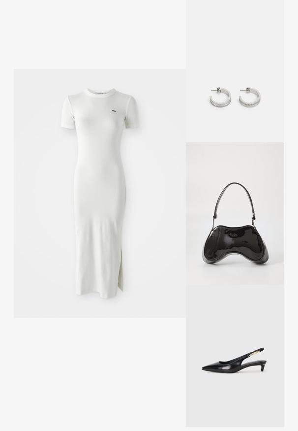 Valkoinen ribattu midi-mekko lyhyillä hihoilla, pyöreällä kaula-aukolla ja sivurei'ällä. Rinnassa pieni vihreä logo. Tasainen, tiukka rakenne.; Mustat nahkaiset slingback-korkokengät, joissa on terävä kärki, ohuet korot ja kultasävytteinen yksityiskohta säädettävässä hihnassa. Silkkinen pinta.; Mustat patenttinaiset käsilaukku, jossa on ainutlaatuinen kaareva muoto, lyhyt säädettävä kahva ja vetoketjulla suljettava yläosa. Sileä pinta ja hienovarainen brändäys.; Hopeissa renkaissa on sileä pinta ja rivissä pieniä kirkaita kiviä alareunassa, ja ne kiinnittyvät takakiinnityksellä.
