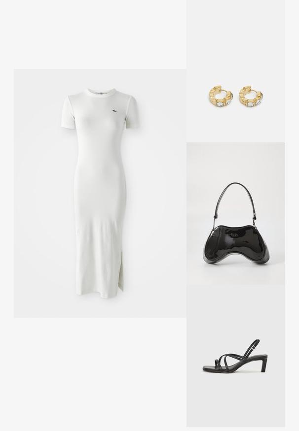 Valkoinen ribattu midi-mekko lyhyillä hihoilla, pyöreällä kaula-aukolla ja sivurei'ällä. Rinnassa pieni vihreä logo. Tasainen, tiukka rakenne.; Mustat hihnalligat, joissa on neliön muotoinen kärki ja matala lohkokorko. Ominaisuuksiin kuuluu useita ohuita hihnoja ja säädettävä nilkkahihna. Valmistettu sileästä nahasta.; Mustat patenttinaiset käsilaukku, jossa on ainutlaatuinen kaareva muoto, lyhyt säädettävä kahva ja vetoketjulla suljettava yläosa. Sileä pinta ja hienovarainen brändäys.; Kultaiset ympyräkorvakorut, joissa on tekstiurakuviointi ja kolme kirkasta kristallikoristetta yhdellä puolella, tarjoavat modernin geometrisen estetiikan.