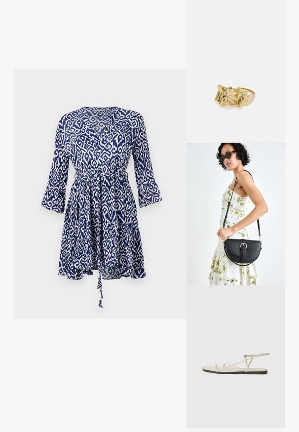 Tamno plava haljina s bijelim apstraktnim uzorkom, dizajn dekoltea u obliku slova V, 3/4 rukavi u obliku zvona, pripijen struk s remenom i raširena suknja.; Bež sandala na ravnom potplatu s više tankih trakica i podesivom kopčom. Potplat je ravan s blagim tamnim kontrastom na rubu.; Crna kožna torba s lukovitim oblikom, odvojivim remenom i zlatnim detaljima. Torba ima preklop s kopčom.; Zlatni prsten s teksturiranim, valovitim dizajnom koji ima tri istaknuta vrha. Glatka, sjajna površina s otvorenom trakom za podešavanje veličine.