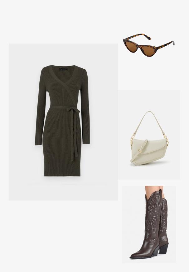 Tumši zaļa ribota kleita ar V veida izgriezumu, garām piedurknēm un jostu jostasvietā. Izgatavota no teksturētas adīta auduma.; Brūni ādas kovboju zābaki ar norādītu purngalu un blokveida papēdi, ar detalizētu šūšanu un paceltiem akcentiem uz kājas daļas.; Kaķa acs saulesbrilles ar melnu un oranžu bruņurupuču rakstu rāmi, brūnām lēcām un elegantiem, norādītiem galiem. Rāmī ir minimālists logos uz tempļa.; Maza krēmkrāsas rokas soma ar teksturētu apdari, garu regulējamu siksniņu, ķēdes akcentu un vāciņa aizdari. Zelta aparatūras detaļas.