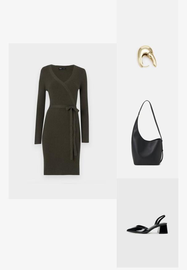 Temno zelena rebrasta obleka z V-izrezom, dolgimi rokavi in pasom s trakovi v pasu. Narejena je iz teksturirane pletene tkanine.; Črne lakirane slingback pete s koničastim nosom in geometrijsko blokasto peto. Imajo eleganten, minimalističen dizajn in gladko teksturo.; Črna usnjena hobo torba z gladko teksturo, ukrivljeno obliko in eno nastavljivo naramnico; ima širok odprtina na vrhu.; Uhane nakit iz zlatastega tona z gladko, ukrivljeno zasnovo. Ima edinstveno koničasto obliko, polirano površino in zaponko s tečajem.