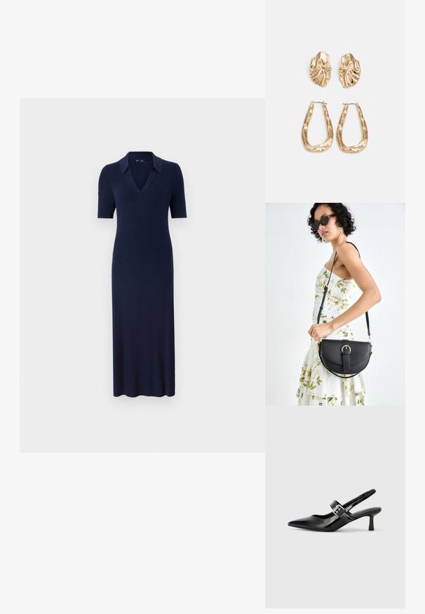 Robe en tricot côtelé bleu marine avec un col polo, des manches courtes et une silhouette ajustée, s'étendant jusqu'à mi-mollet.; Escarpins slingback en cuir verni noir avec un bout pointu et un petit talon bloc, mettant en avant un accent en boucle argentée sur la sangle.; Sac à main en cuir noir avec une forme courbée, bandoulière amovible et des accessoires en or. Le sac est doté d'un rabat avec un détail de boucle.; Boucles d'oreilles dorées présentant des formes texturées et ondulées. Comprend des clips sculpturaux et un design de créoles ouvertes avec une finition martelée.