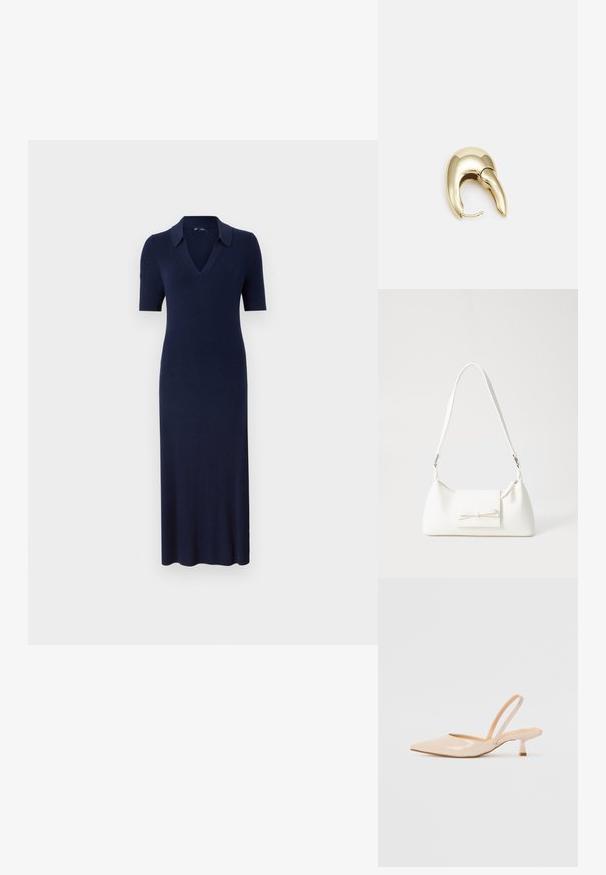 Navy blue ribbed knit dress with a polo collar, short sleeves, and a fitted silhouette, extending to mid-calf length.; Beige patent leather slingback heels with pointed toe and a slim, square heel. Smooth texture and minimalist design with no embellishments.; White synthetic handbag with a triangular shape, flat front flap and bow detail, adjustable strap, smooth texture, and minimalistic design.; Gold-tone metal earring with a sleek, curved design. Features a distinctive pointed shape, polished surface, and hinge closure.