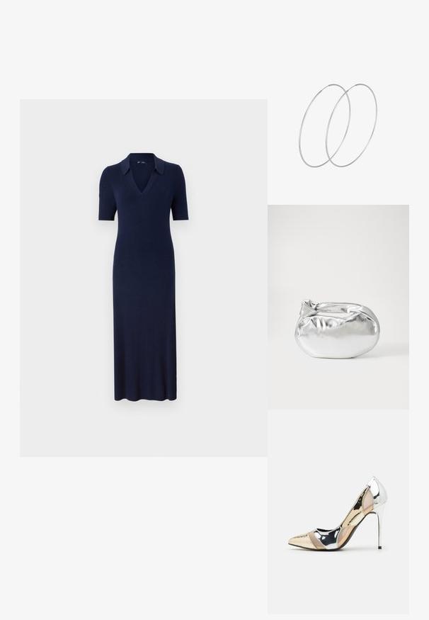 Námornícky modré rebrované pletené šaty s polo golierom, krátkymi rukávmi a priliehavým strihom, ktoré siahajú po stredný členok.; Lodičky s špičatou špičkou v striebornom, zlatom a telovom farebnom prevedení. Lesklý povrch s výrezovým dizajnom, s ihlovým opätkom.; Strieborná metalická taška s mäkkým, zaobleným tvarom a uzáverom s uzlíkom. Vyrobená z hladkej syntetickej kože.; Strieborné kruhové náušnice s minimalistickým dizajnom. Cirkulárny tvar, hladký povrch a tenký profil. Ľahké s lesklým povrchom.